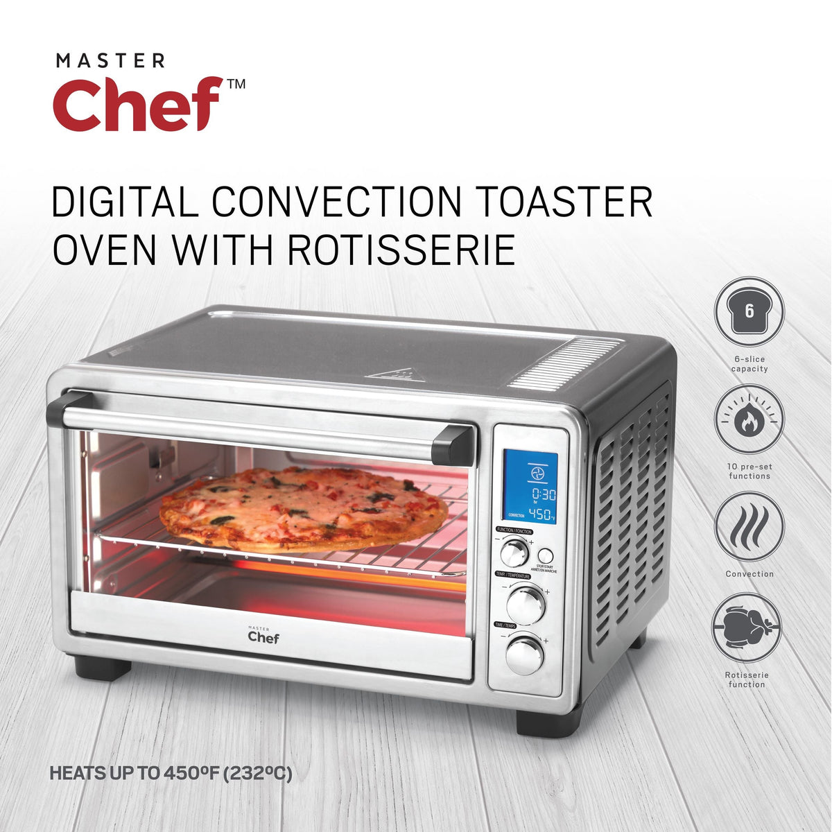 MASTER Chef Digital Convection Toaster Oven with 10 Functions, Stainless Steel, 6-Slices