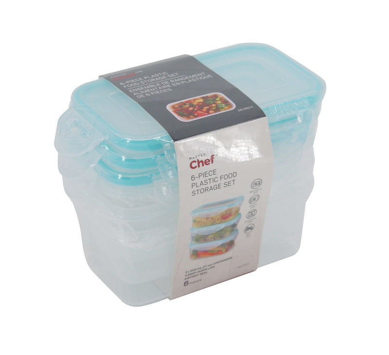 Master Chef Plastic Food Storage Container Set with Snap Lid, 500-mL, 6-pc