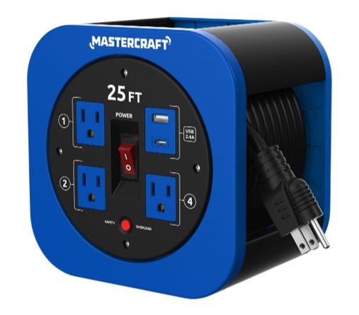 Mastercraft 25-ft 13A 3-Outlet/1 USB-A and 1 USB-C Extension Cord Reel