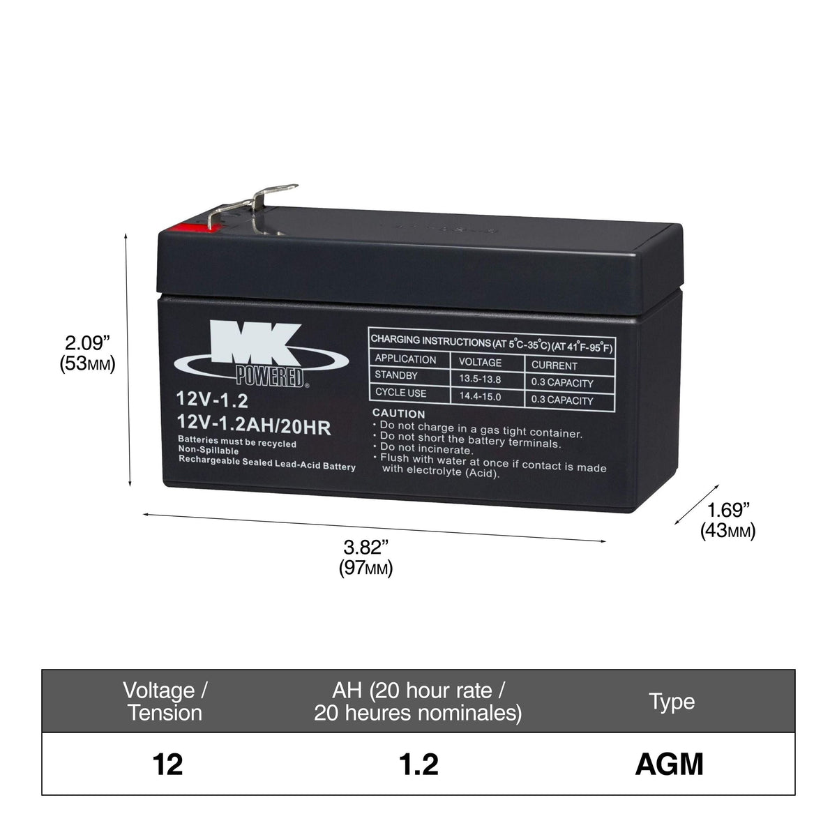 MK Battery 12-Volt 1.2 Ah SLA Battery, F1 Terminal