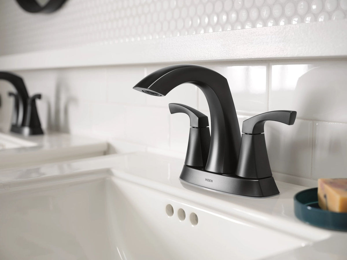 Moen Lindor Double Handle Bathroom Faucet, Meets EPA WaterSense Criteria, Matte Black