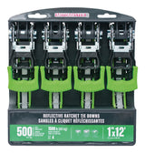 MotoMaster 1,500-lb Reflective Ratchet Tie Down Strap, with Padded D-Handle, 1-in x 12-ft, 4-pk, Green