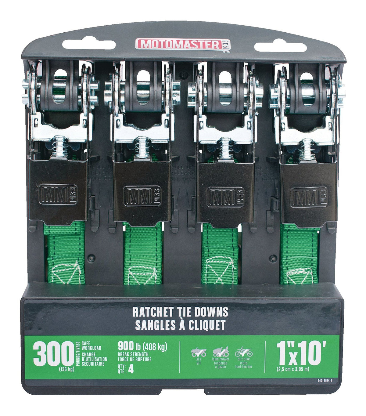 MotoMaster 900-lb Ratchet Tie-Down Straps, Non-Padded, 1-in x 10-ft, 4-pk