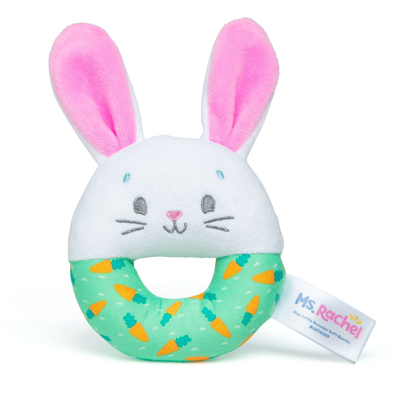 Ms. Rachel, Hop Little Bunnies Soft Rattle Toy, Baby Teething Toys with Plush Bunny Cover, Toddler Toys