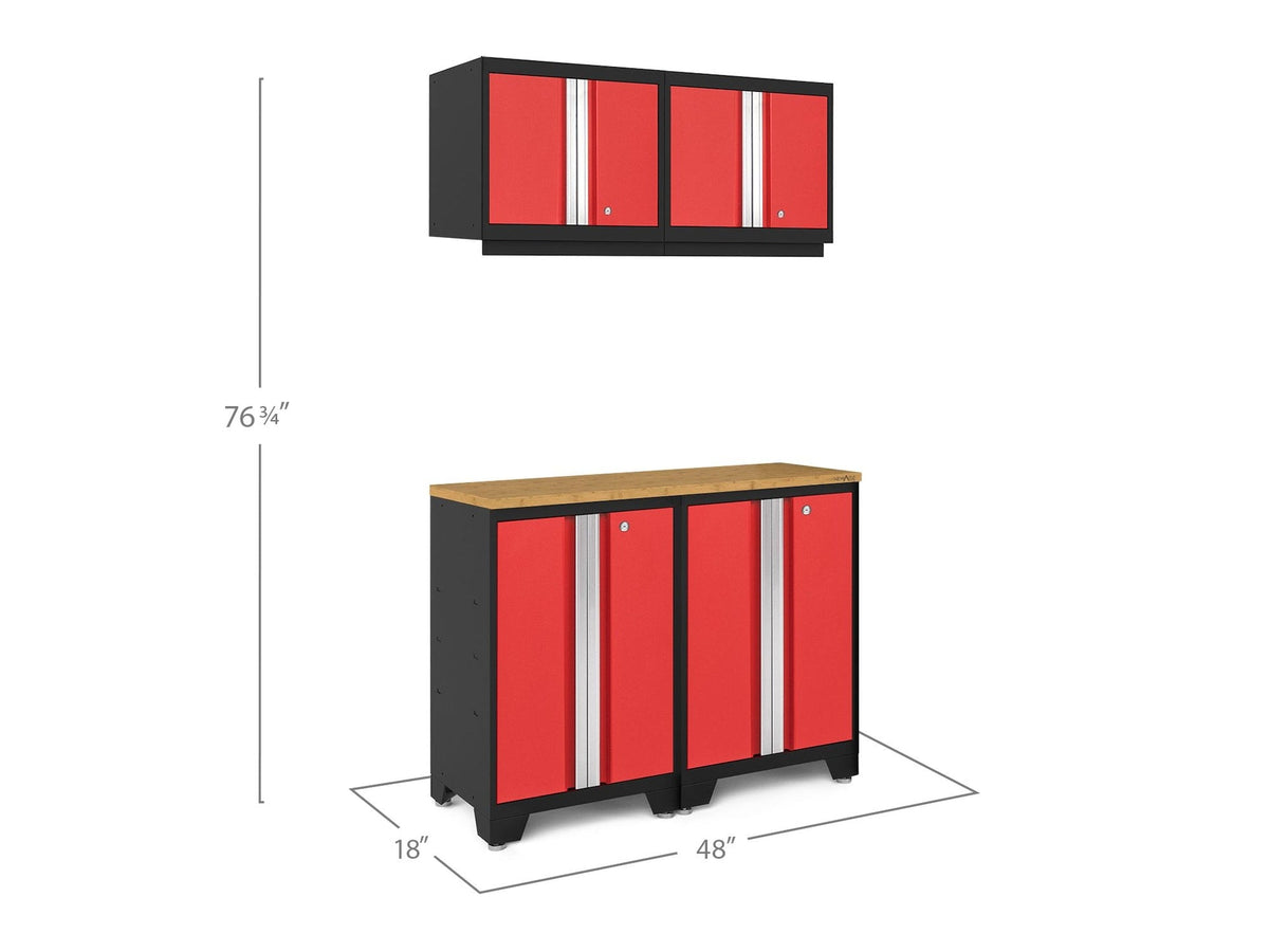 NewAge Bold 3.0 Series All-in-One Lockable Steel Garage Cabinetry Set with Bamboo Top, Black/Red, 48-in x 18-in x 76.75-in, 5-pc