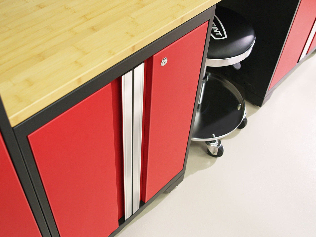 NewAge Bold 3.0 Series All-in-One Lockable Steel Garage Cabinetry Set with Bamboo Top, Black/Red, 48-in x 18-in x 76.75-in, 5-pc