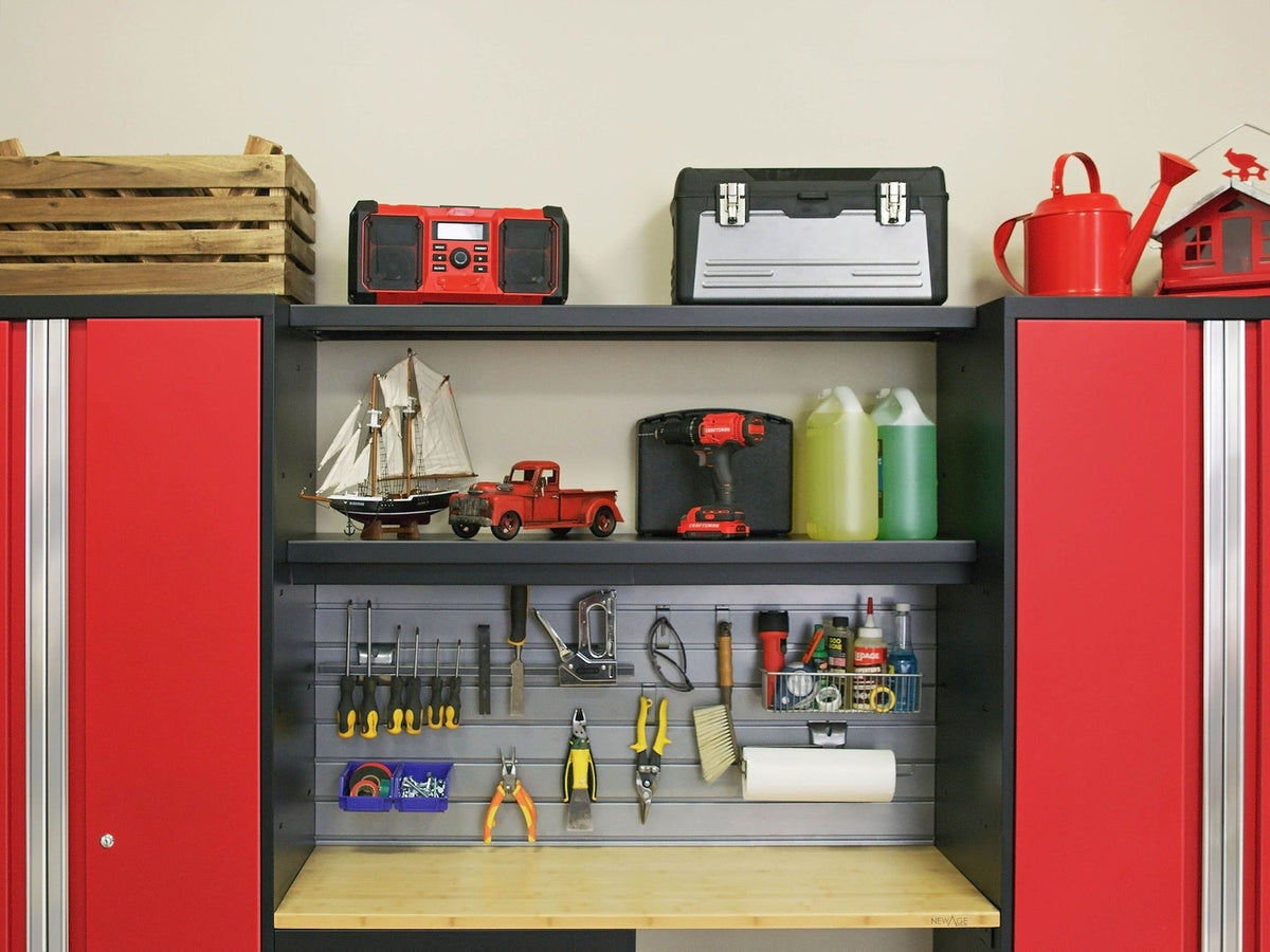 NewAge Bold 3.0 Series All-in-One Lockable Steel Garage Cabinetry Set with Bamboo Top, Black/Red, 48-in x 18-in x 76.75-in, 5-pc