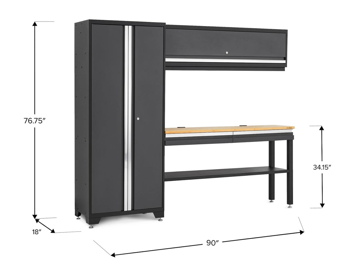 NewAge Bold 3.0 Series All-in-One Lockable Steel Garage Cabinetry Set with Bamboo Top, Grey, 90-in x 18-in x 72-in, 4-pc