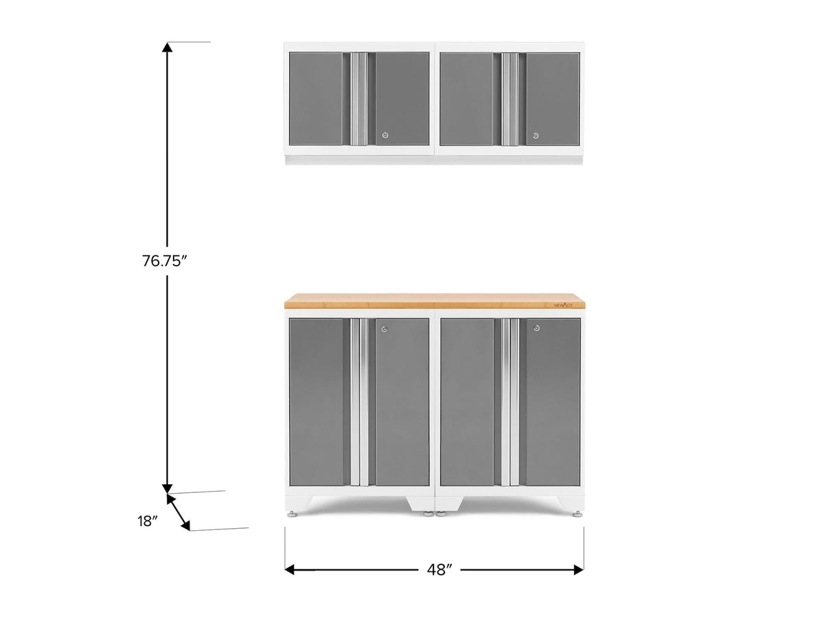 NewAge Bold 3.0 Series All-in-One Lockable Steel Garage Cabinetry Set with Bamboo Top, White/Platinum, 48-in x 18-in x 76.75-in, 5-pc