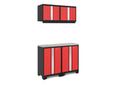 NewAge Bold 3.0 Series All-in-One Lockable Steel Garage Cabinetry Set with Stainless Steel Top, Black/Red, 48-in x 18-in x 76.75-in, 5-pc