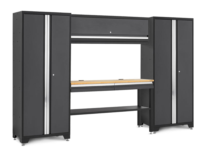 NewAge Bold 3.0 Series Lockable Steel Garage Cabinetry Set with Bamboo Top, Grey, 120-in x 18-in x 72-in, 5-pc