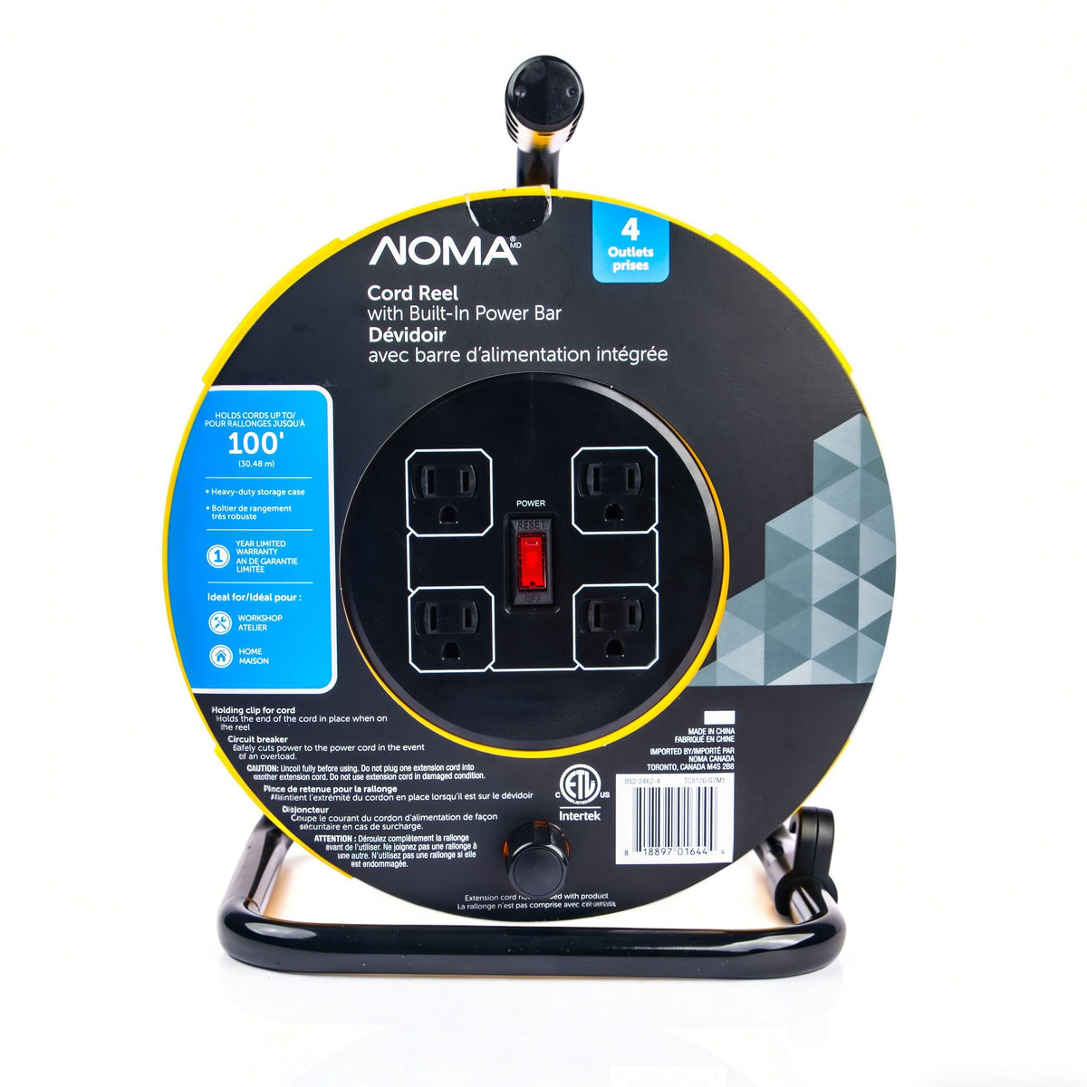 NOMA 100-ft Extension Cord Storage Reel with 4 Grounded Outlets and Circuit Breaker