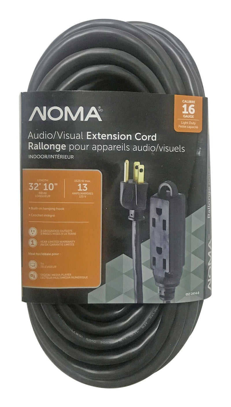 NOMA 32-ft 10-in 16/3 Light Duty Extension Cord with 3 Grounded Outlets. Audio / Visual, Black