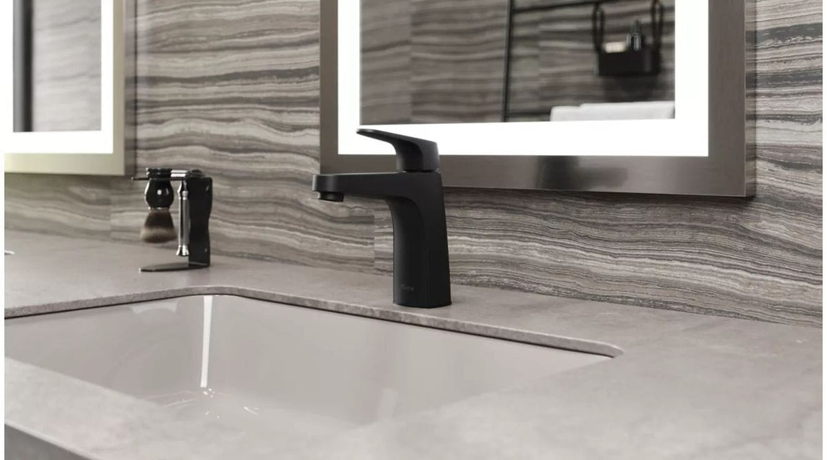 Pfister Matlock Single Handle High Arc Single Hole 4-in Centreset Bathroom Sink Faucet, Push & Seal Drain, Matte Black