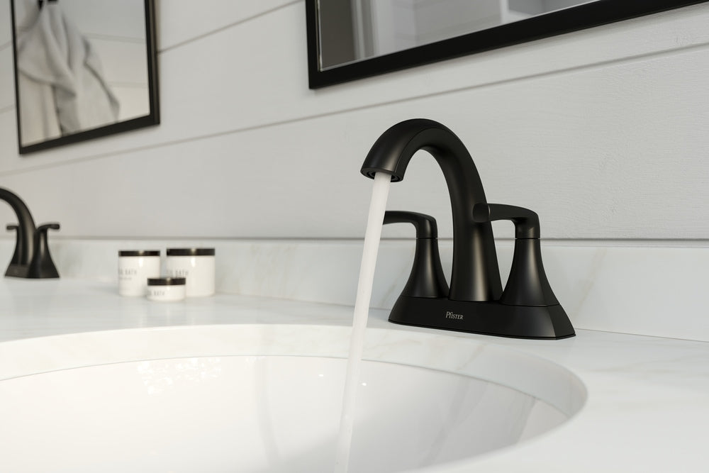 Pfister Rancho Double Handle 4-in Centreset Bathroom Sink Faucet Push & Seal Drain, WaterSense Certified, Matte Black