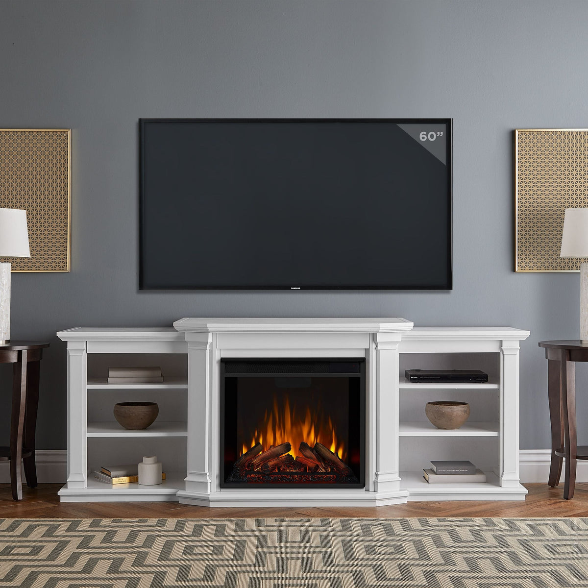 Real Flame Valmont Media Indoor Electric Fireplace TV Stand, 74-in, 1500W, Includes Remote Control & Firebox, White