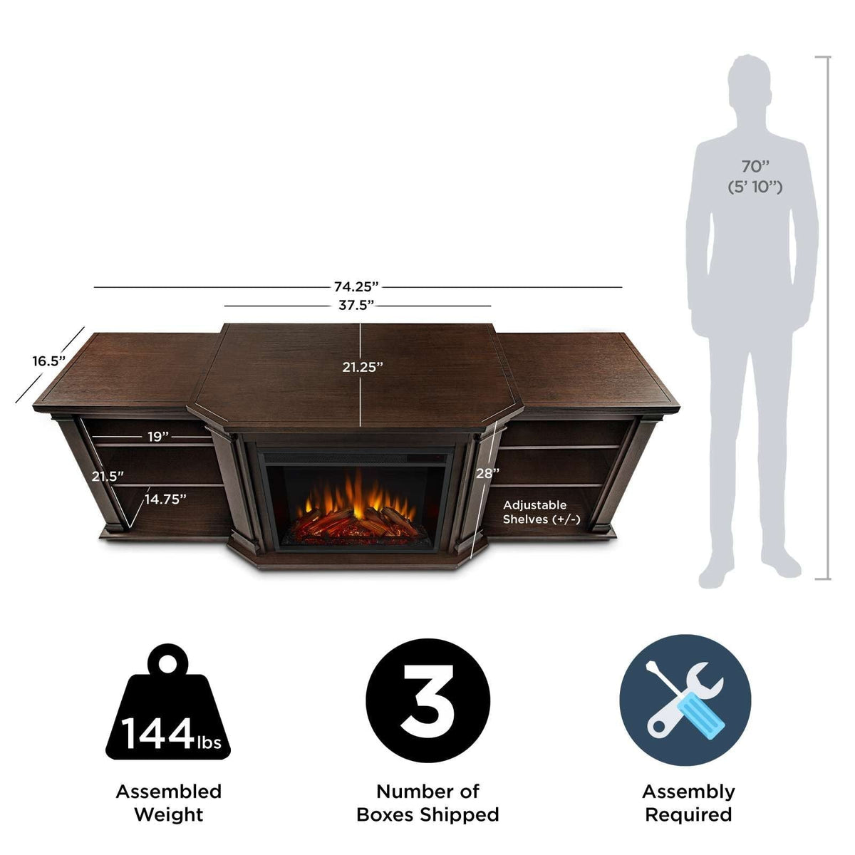 Real Flame Valmont Media Indoor Electric Fireplace TV Stand, 74-in, 1500W, Includes Remote Control & Firebox, Chestnut Oak