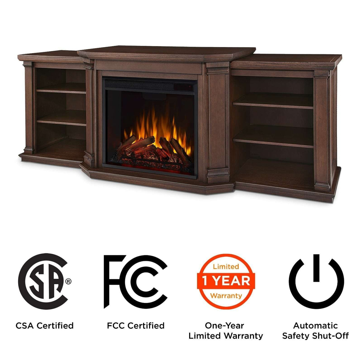 Real Flame Valmont Media Indoor Electric Fireplace TV Stand, 74-in, 1500W, Includes Remote Control & Firebox, Chestnut Oak