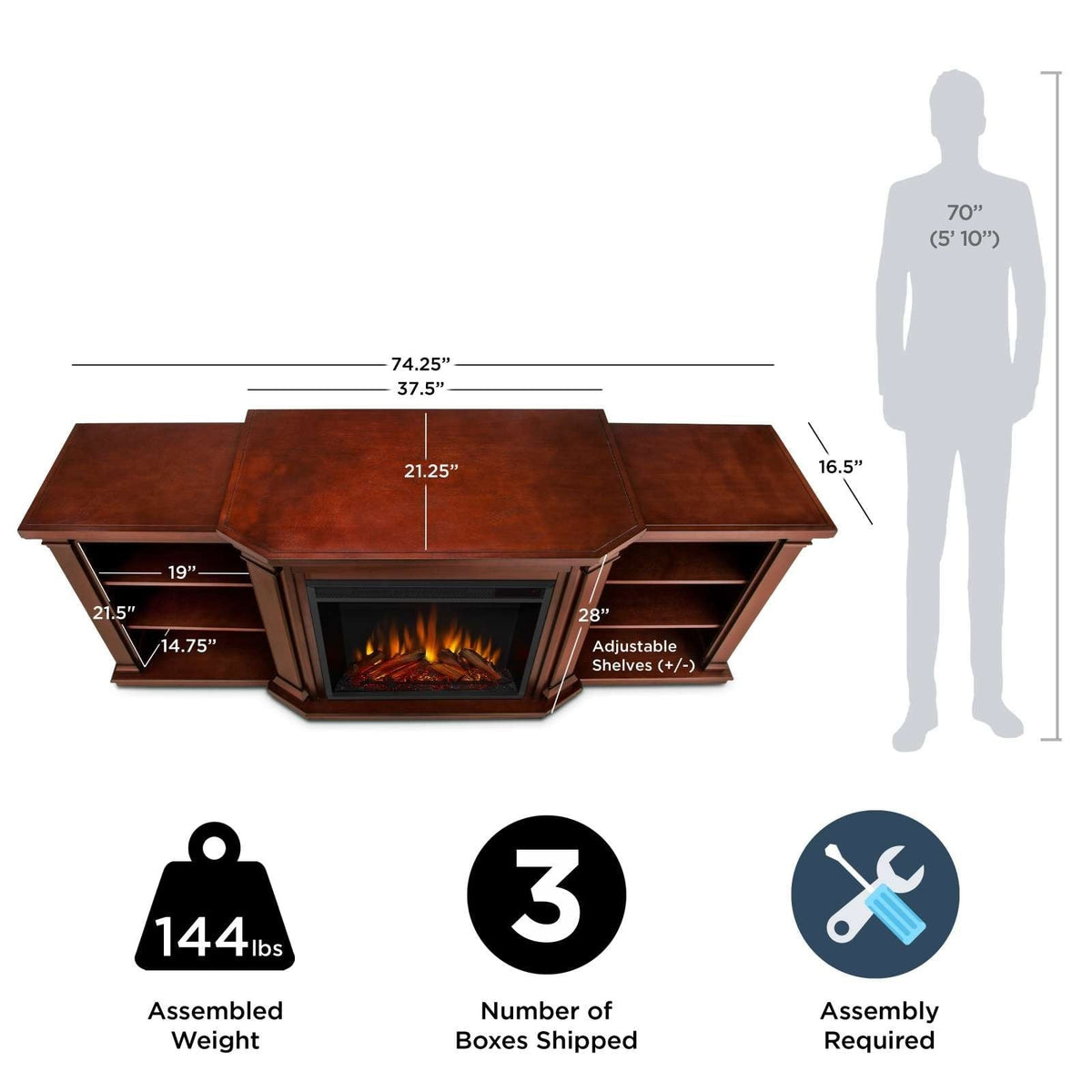 Real Flame Valmont Media Indoor Electric Fireplace TV Stand, 74-in, 1500W, Includes Remote Control & Firebox, Dark Mahogany