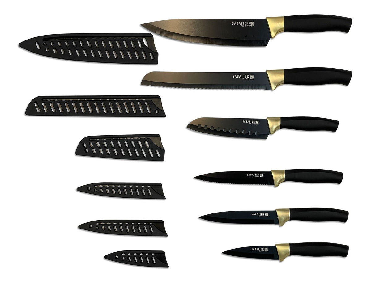 Sabatier Knife Set with Covers, Black/Gold, 12-pc