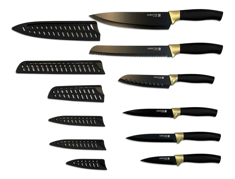 Sabatier Knife Set with Covers, Black/Gold, 12-pc