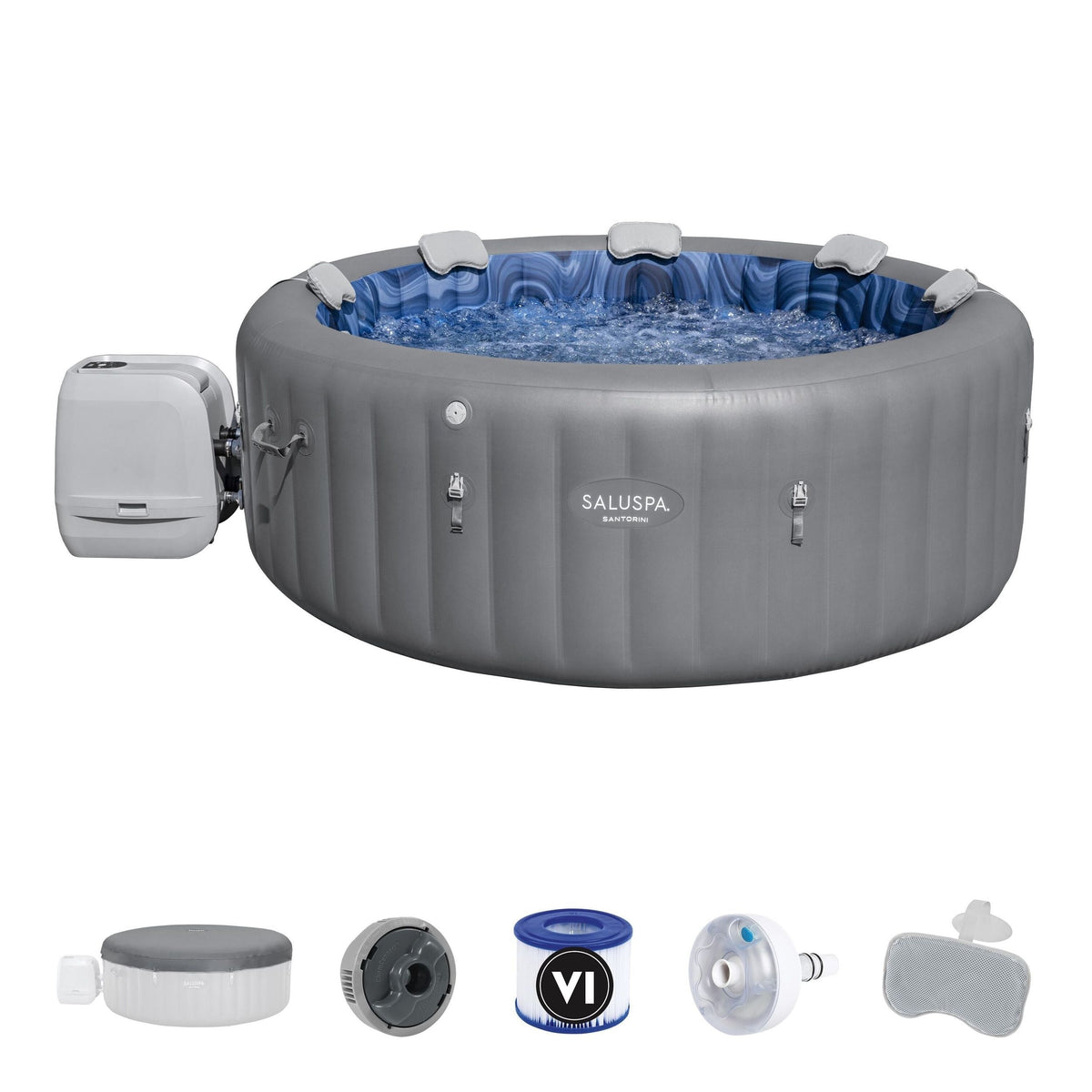 Salu Spa Santorini Grey 7-Person Luxe HydroJet Pro Round Smart Spa, 85-in x 31.5-in