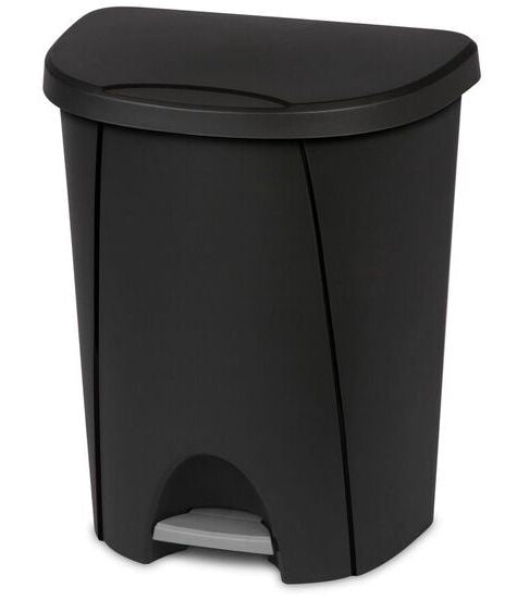 Sterilite Plastic D-Shaped Step Garbage Can, Black, 25-L