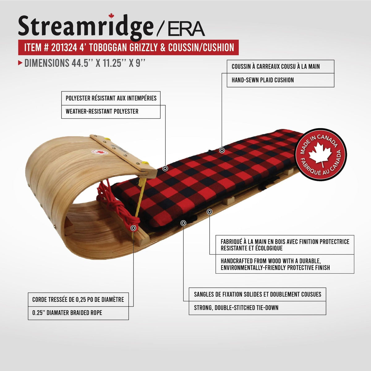 Streamridge Grizzly Kids' Traditional Vintage Wooden Winter Toboggan Sled & Seat Pad, 4-ft