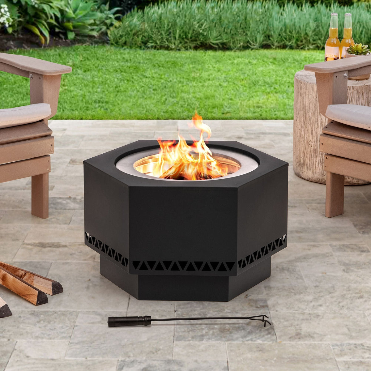 Sunjoy Lawrence Hexagonal Low Smoke Firepit, 28-in