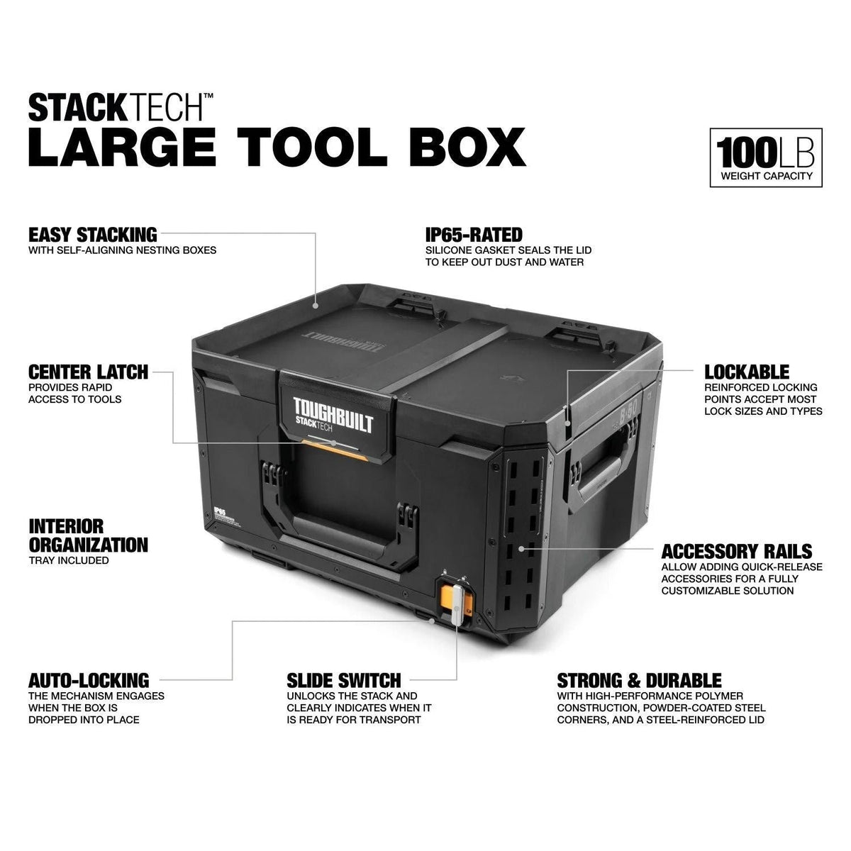 ToughBuilt StackTech Middle Portable Modular Plastic/Metal Tool Box with Inner Tray, IP65-Rated, Black