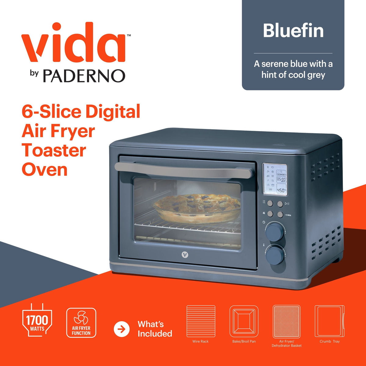 Vida by PADERNO Digital Multi-Functional Air Fryer Toaster Oven with 11 Pre-Set Functions, Bluefin, 6-Slices