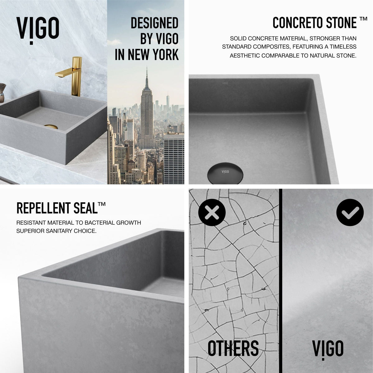VIGO Alhambra Gothic Concreto Stone 15x15-in Deep Grey Bathroom Sink/Basin with Square Vessel