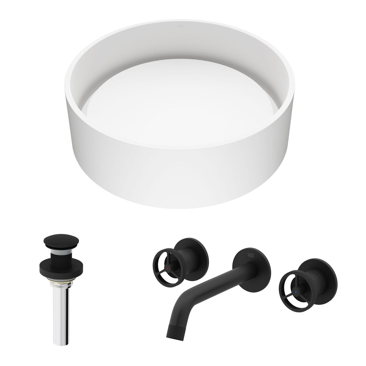VIGO Anvil MatteStone Round White Composite Bathroom Sink/Basin Set with Cass Wall Mount Faucet and Pop-Up Drain