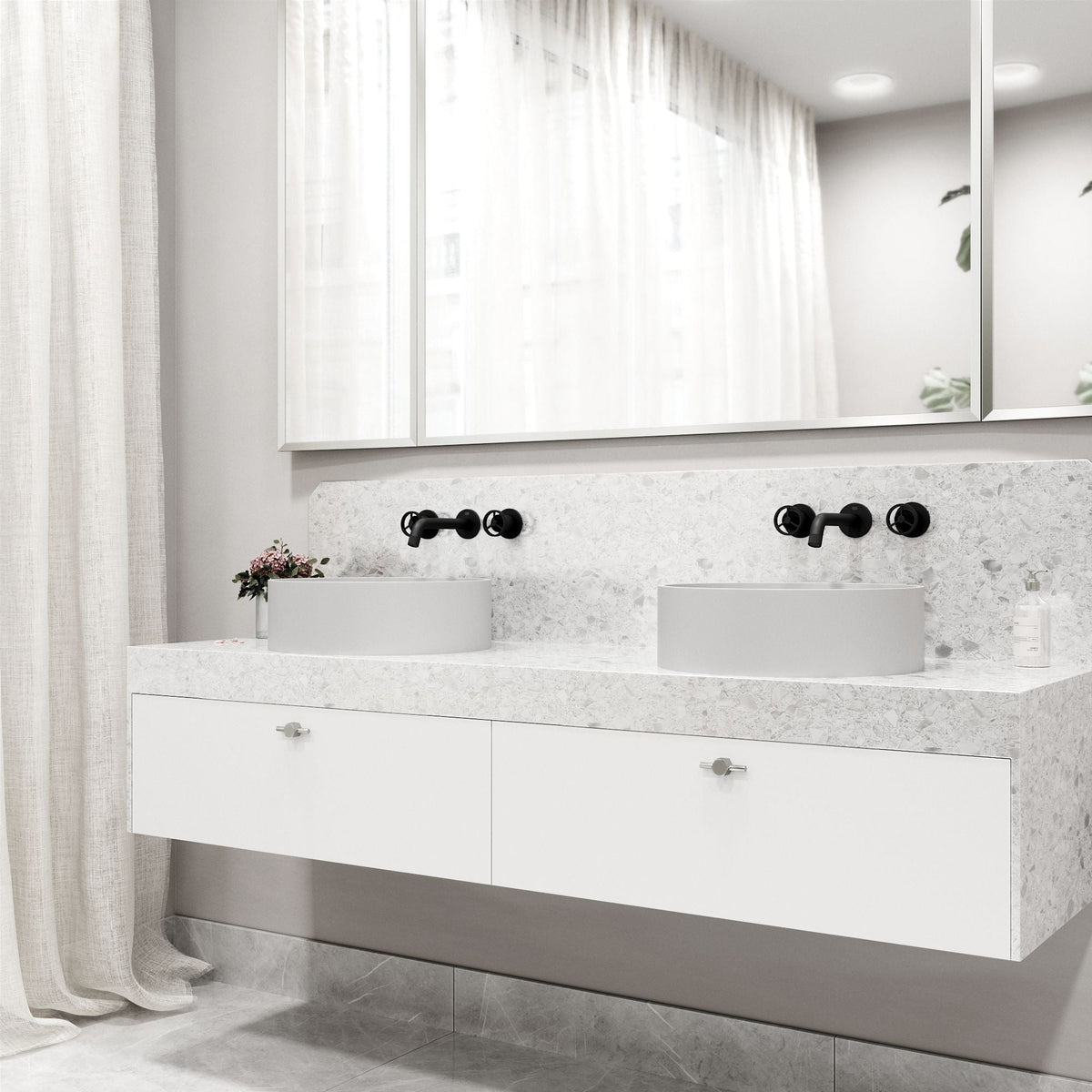 VIGO Anvil MatteStone Round White Composite Bathroom Sink/Basin Set with Cass Wall Mount Faucet and Pop-Up Drain