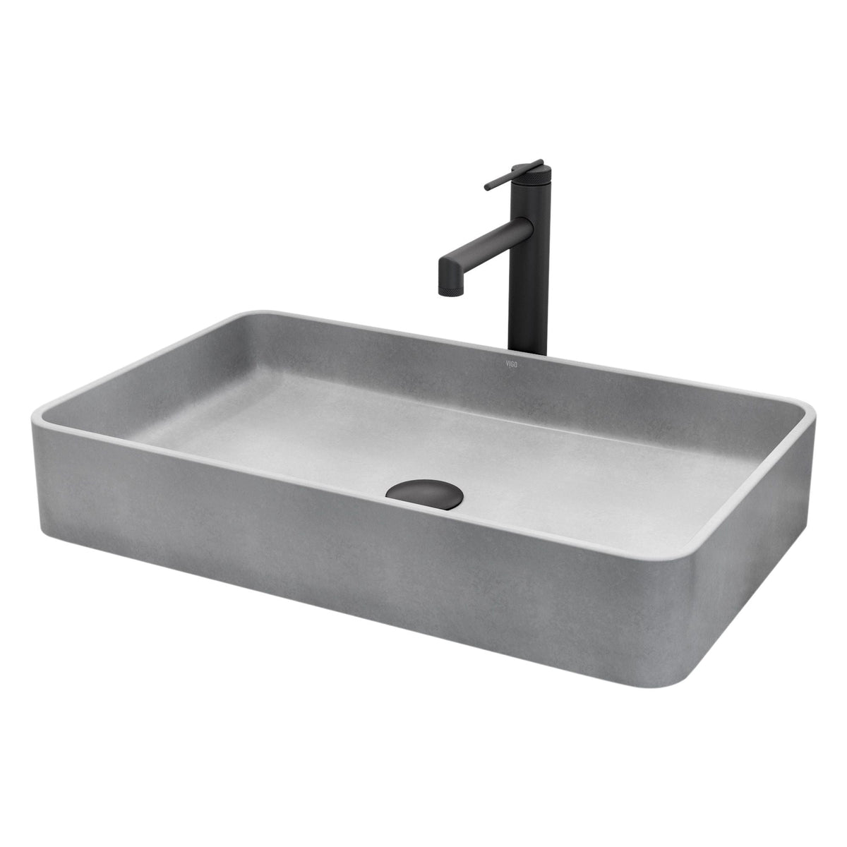 VIGO Basilica Gothic ConcretoStone Grey Bathroom Sink/Basin Set with Sterling Faucet and Rectangular Vessel