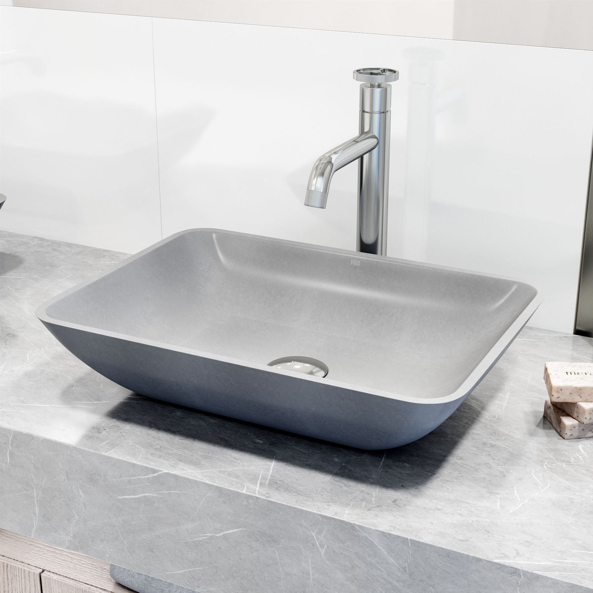 VIGO Duomo Gothic ConcretoStone Grey Bathroom Sink/Basin Set with Cass Faucet and Rectangular Vessel