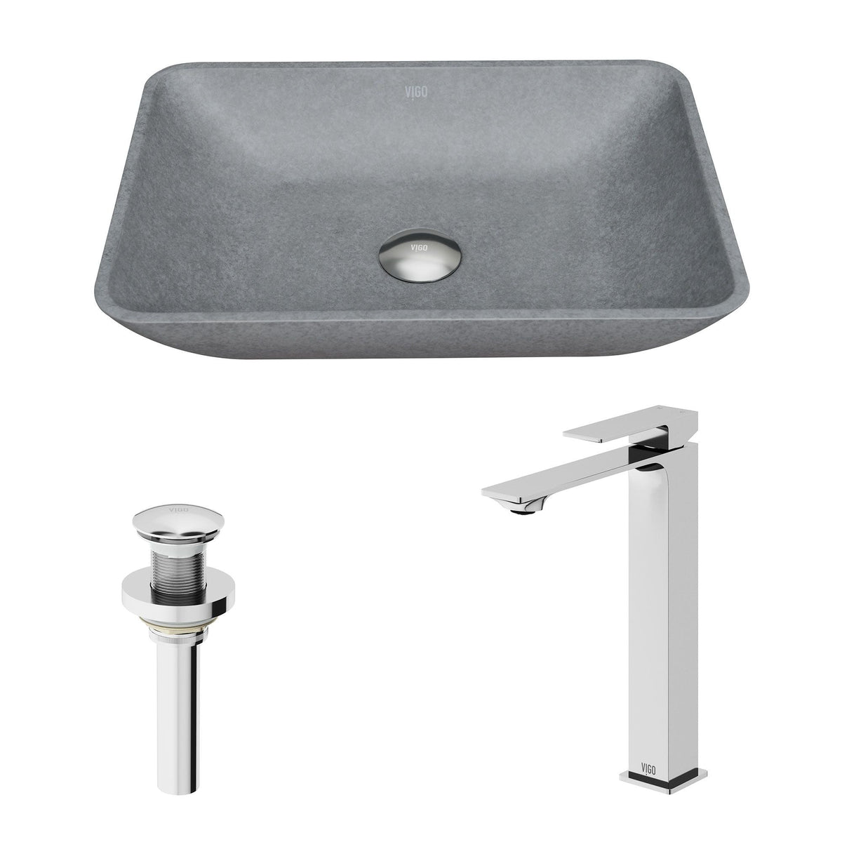 VIGO Duomo Gothic ConcretoStone Grey Bathroom Sink/Basin Set with Dunn Faucet and Rectangular Vessel