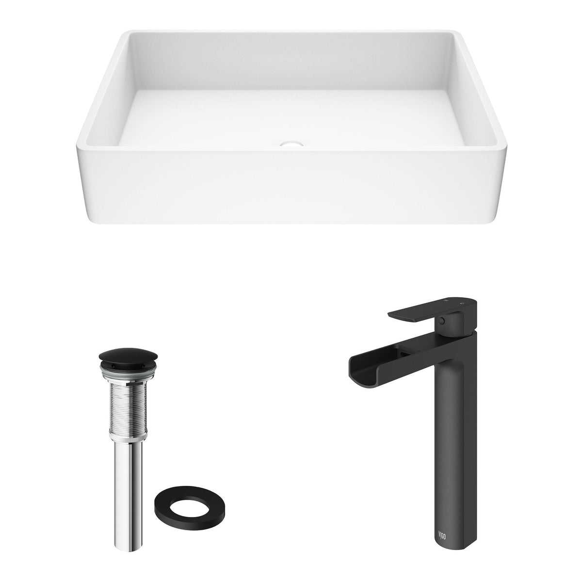 VIGO Magnolia MatteStone White Bathroom Sink/Basin Set with Amada Faucet and Rectangular Composite Vessel