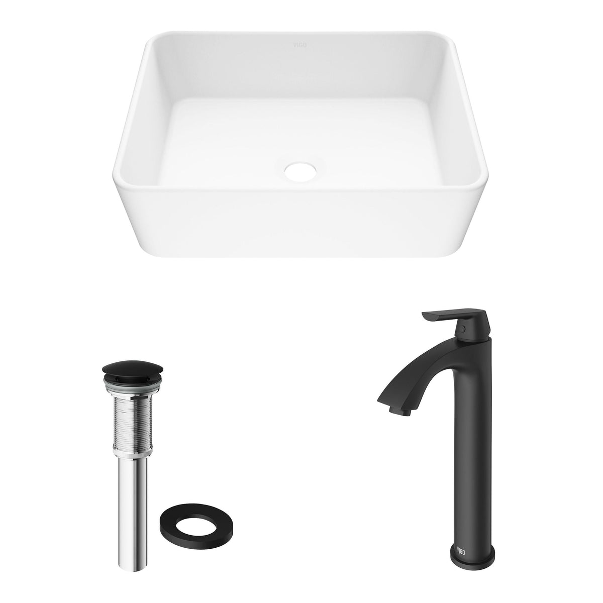 VIGO Marigold MatteStone White Bathroom Sink/Basin Set with Matte Black Linus Faucet and Rectangular Composite Vessel