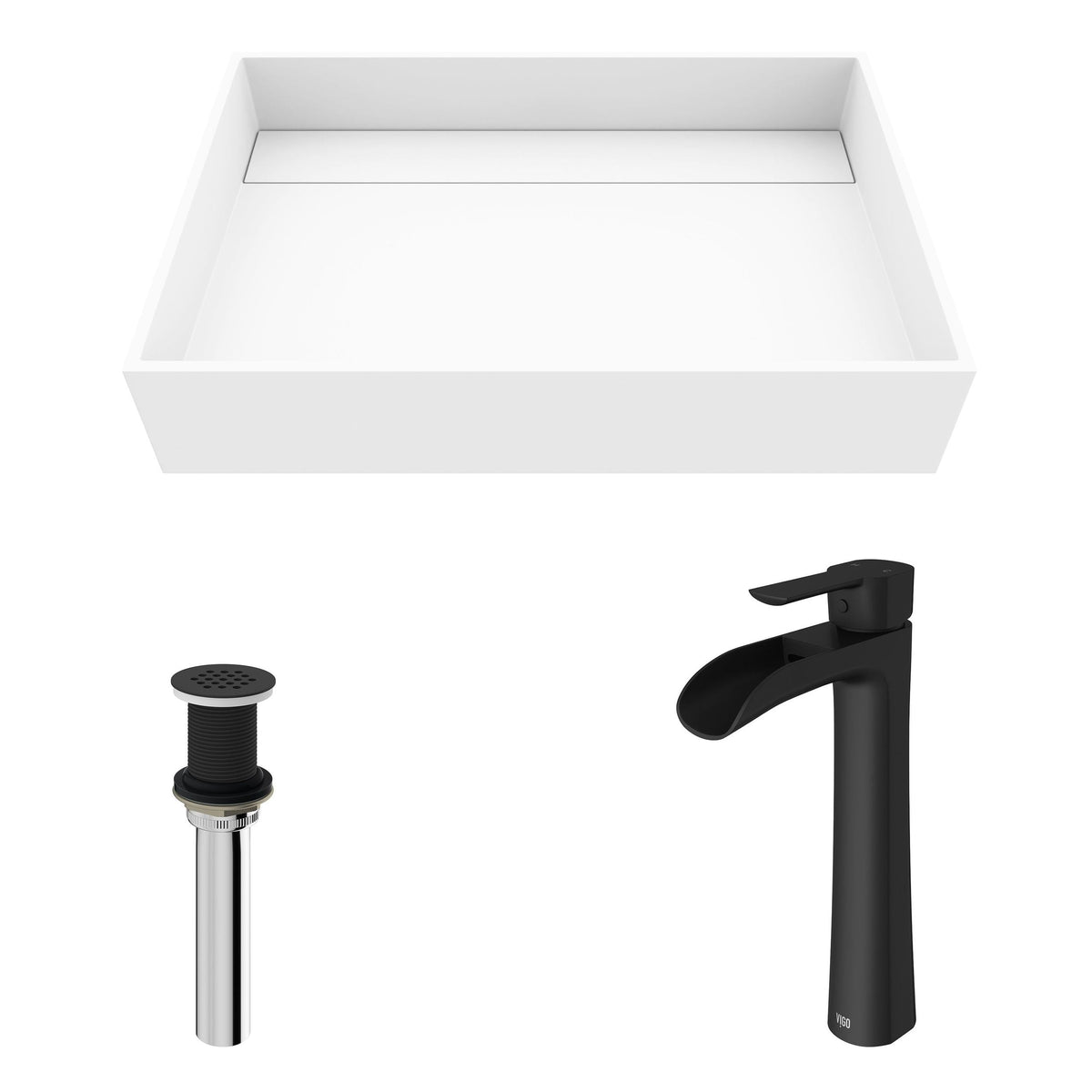 VIGO Montauk MatteStone White Bathroom Sink/Basin Set with Niko Faucet and Rectangular Composite Vessel