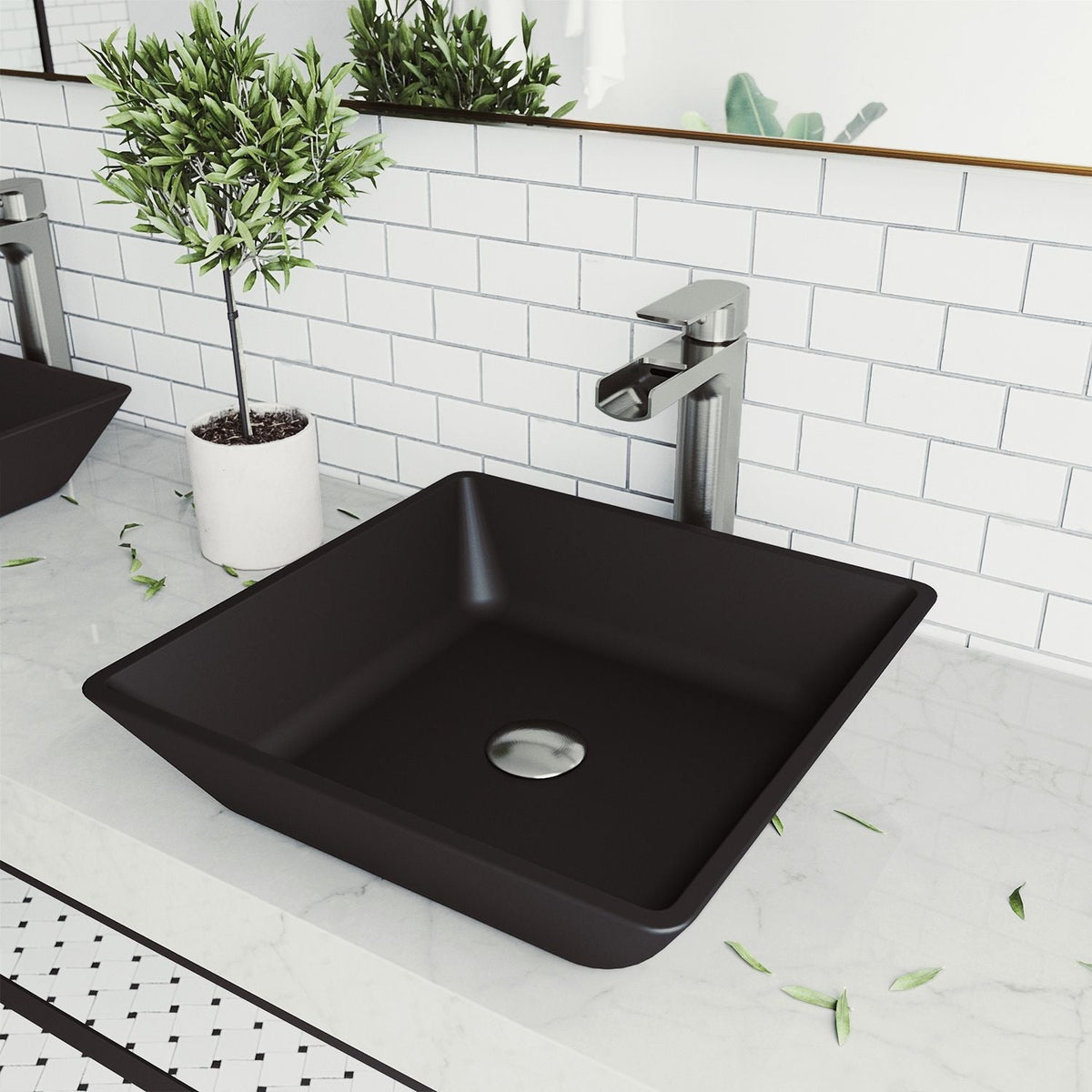 VIGO Roma Glass Square Vessel Bathroom Sink/Basin with Rounded Edges & Deep Bowl, Black