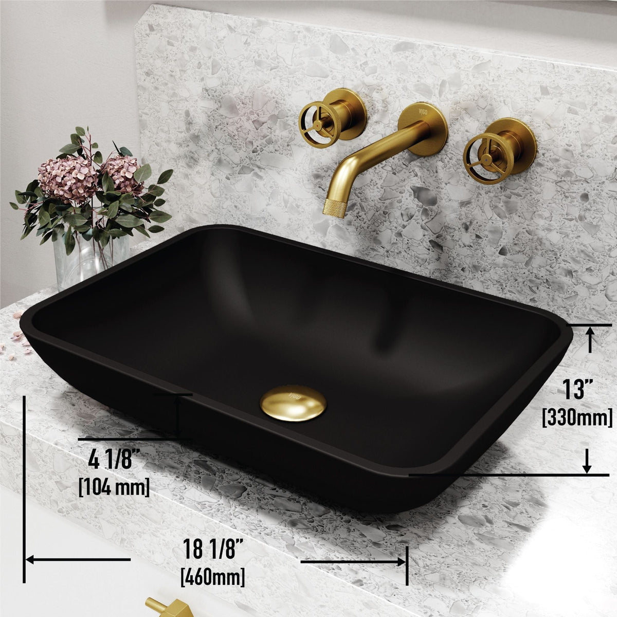 VIGO Sottile MatteShell Matte Black Bathroom Sink/Basin Set with Cass Wall Mount Faucet and Glass Rectangular Vessel