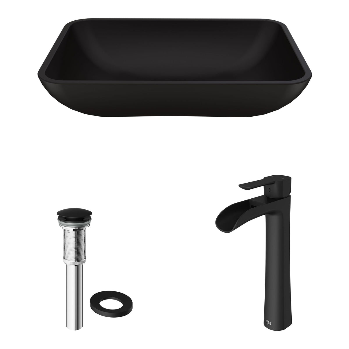 VIGO Sottile MatteShell Matte Black Bathroom Sink/Basin Set with Niko Faucet and Glass Rectangular Vessel