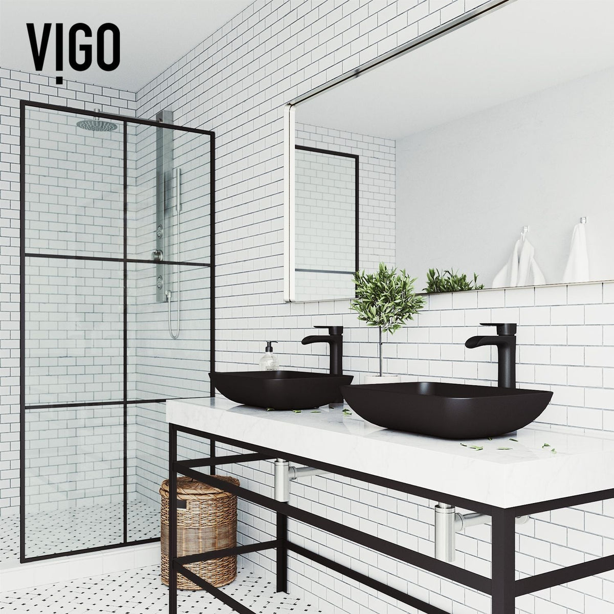 VIGO Sottile MatteShell Matte Black Bathroom Sink/Basin Set with Niko Faucet and Glass Rectangular Vessel