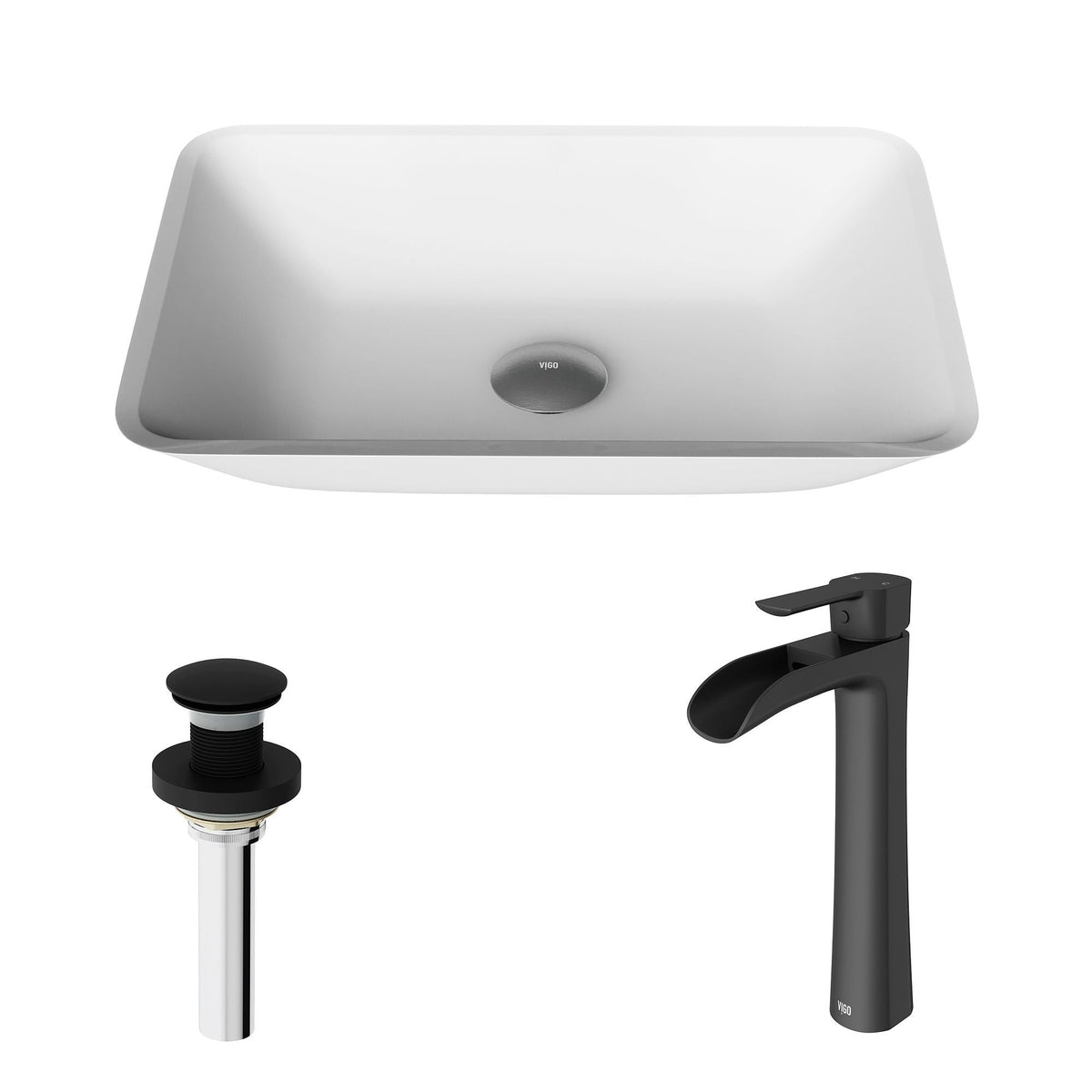VIGO Sottile MatteShell White Bathroom Sink/Basin Set with Niko Faucet and Glass Rectangular Vessel
