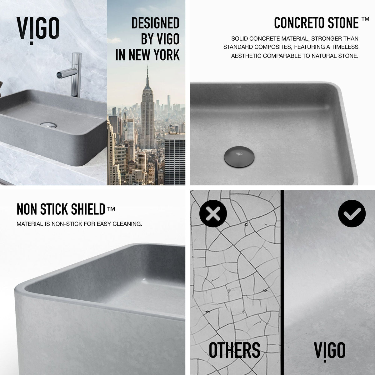 VIGO Tarragona Gothic ConcretoStone 19x14-in Deep Grey Bathroom Sink/Basin with Rectangular Vessel