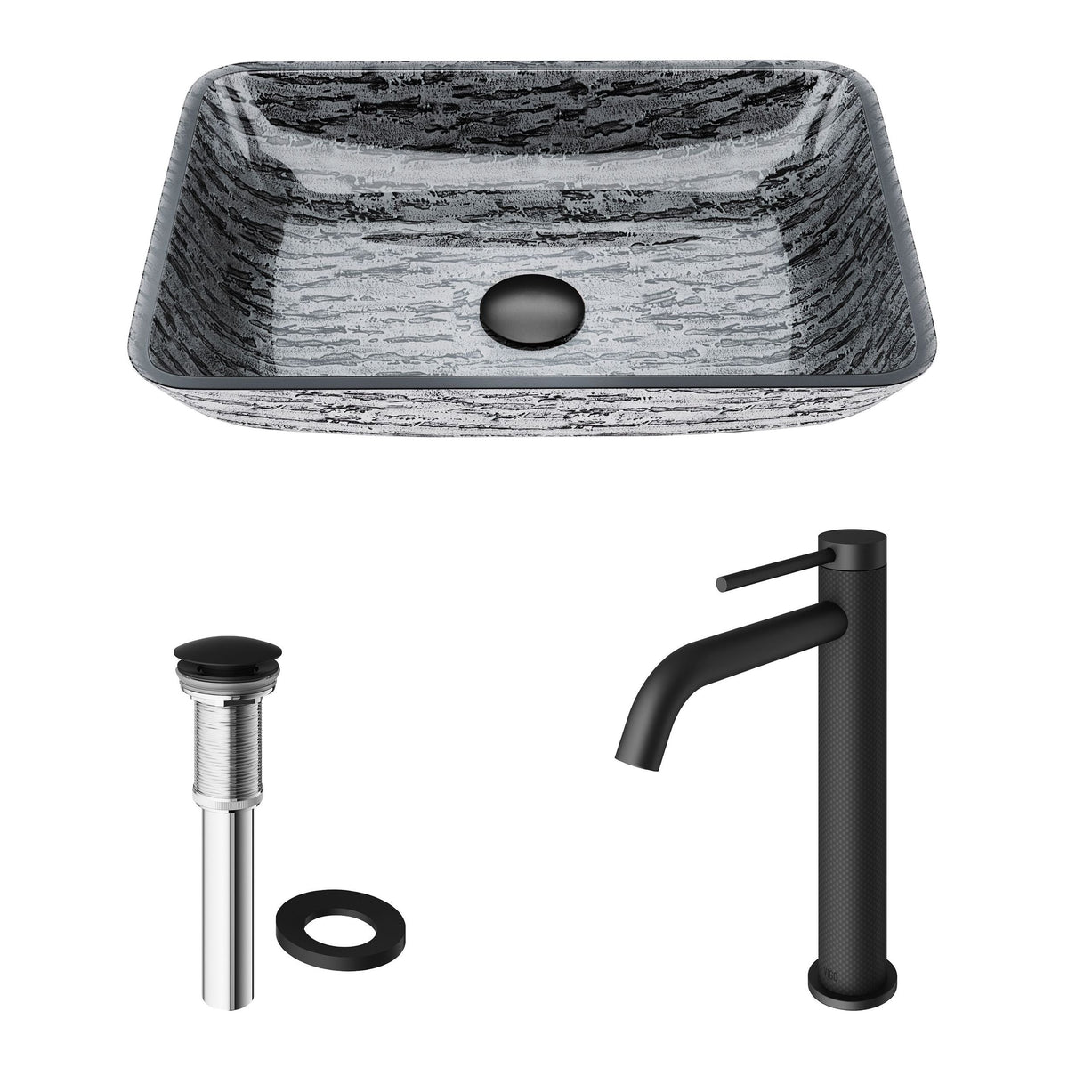 VIGO Titanium Glass Slate Grey Bathroom Sink/Basin Set with Lexington Faucet and Rectangular Vessel