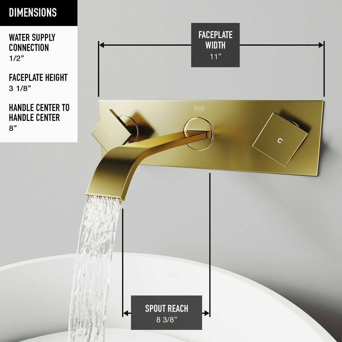 VIGO Titus Wall Mount Dual Handle Bathroom Sink Faucet, Eco-Friendly 1.2 GPM Flow Rate, Matte Brushed Gold