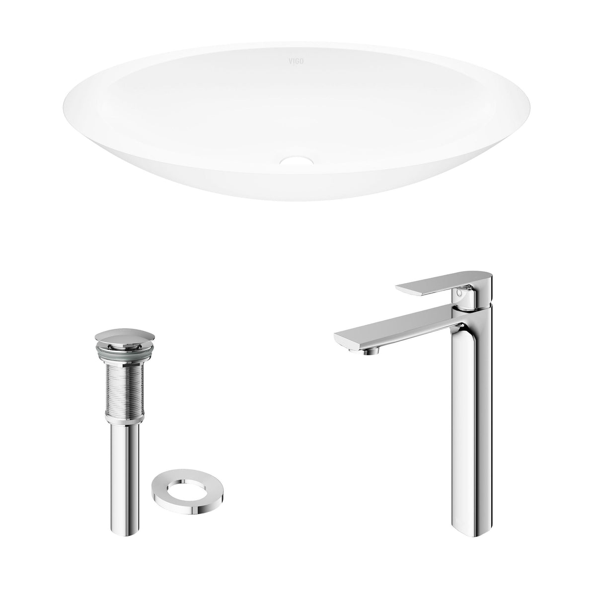 VIGO Wisteria MatteStone White Bathroom Sink/Basin Set with Norfolk Faucet and Oval Composite Vessel