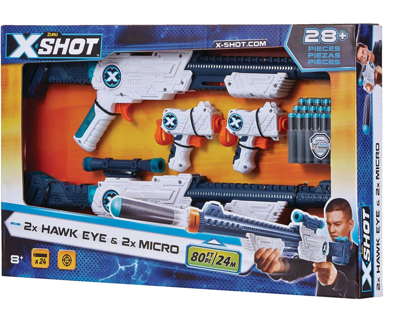 ZURU X-Shot Double Hawk Eye & Micro Foam Dart Blaster Combo Pack with 24 Darts, Ages 8+